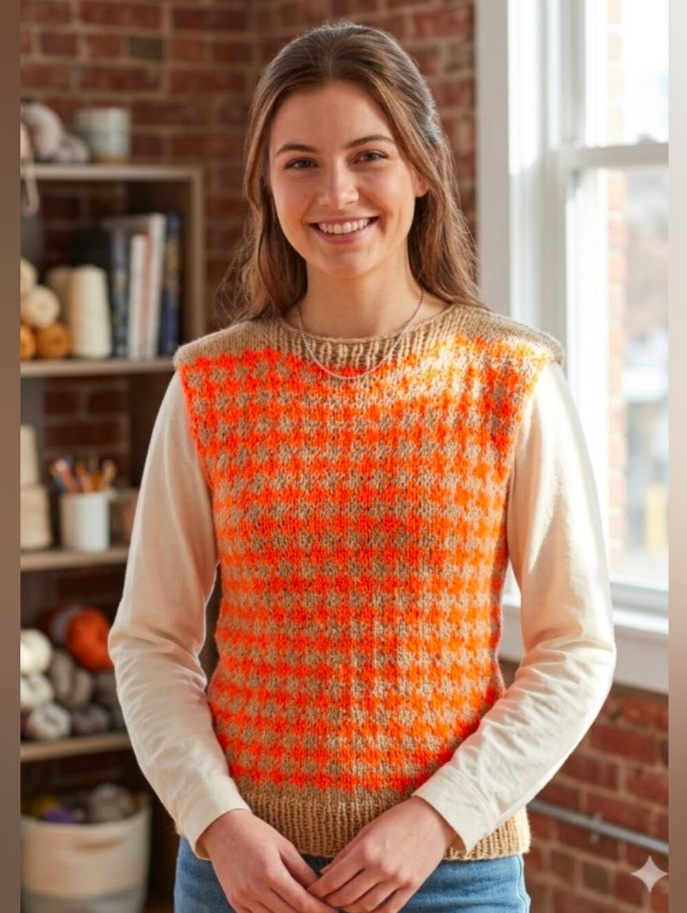 Hand Knit Acrylic Houndstooth Intarsia FITTED Sweater Vest Orange Tan S